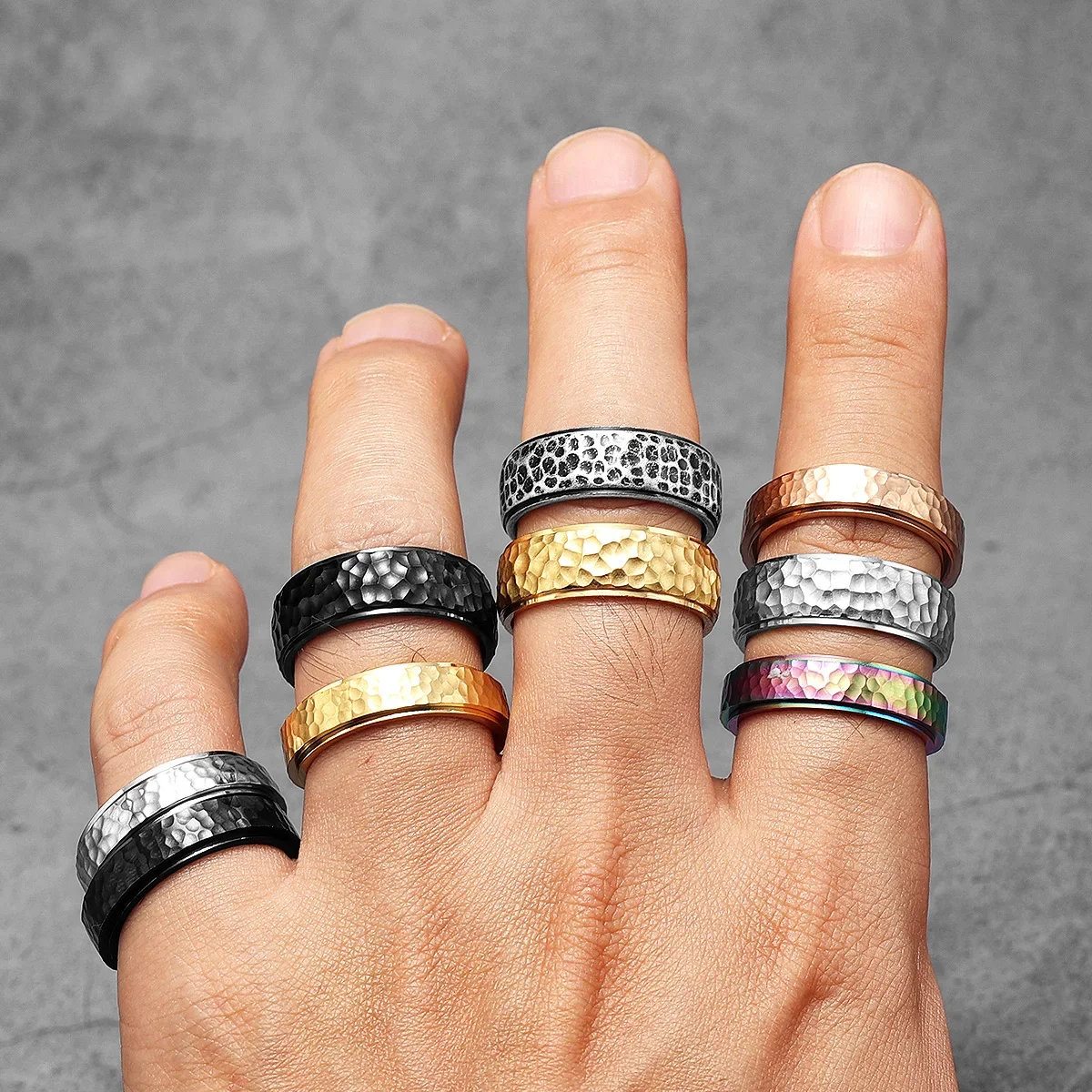 Beat Forging Meteorite Men Rings Stainless Steel Retro Punk Rock Simple Women Jewelry Fashion Accessories Gift Wholesale