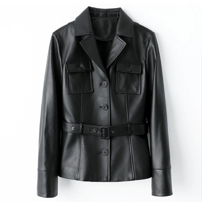 100% First Layer Sheepskin Women's Real Leather Jackets Coats 2025 Causal Ladies Slim Single Breasted Belt Short Leather Jackets