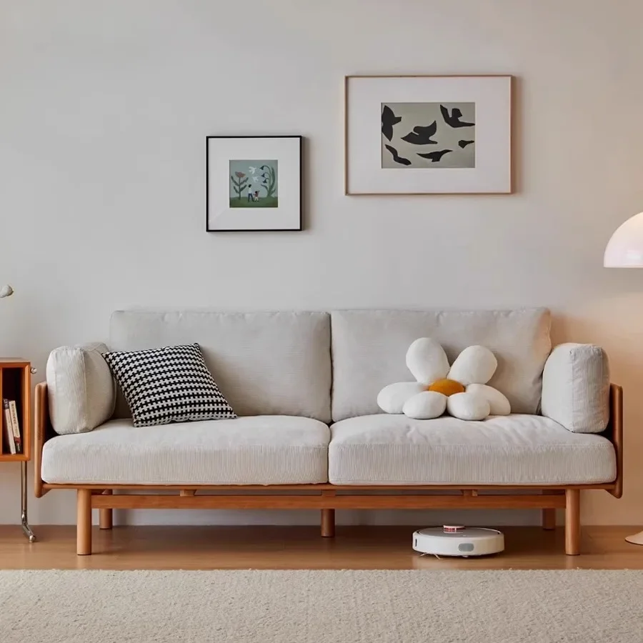 

Nordic cherry wood sofa, simple and modern, solid wood small apartment, living room fabric lazy sofa