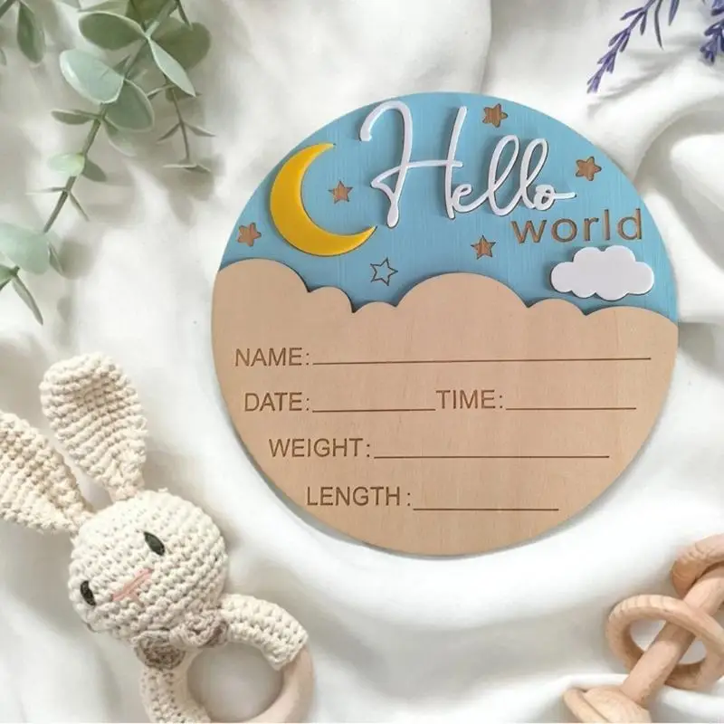 Engraved Baby Name Birth Detail Memorial Plaque Round Nursery Display Decoration 425F
