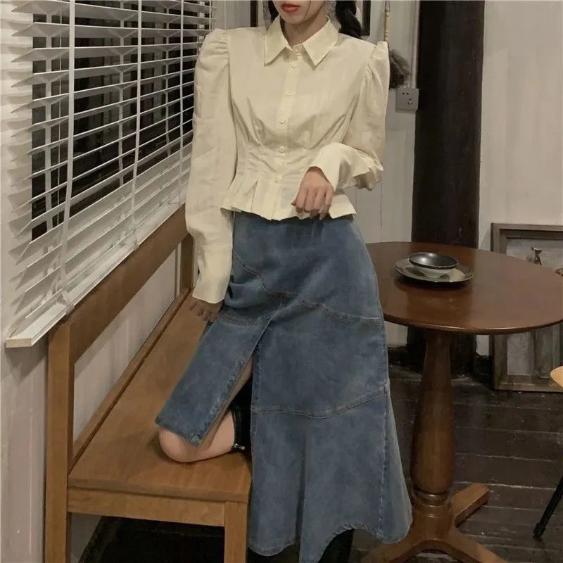 Spring Autumn Slim Folds Elegant Fashion Shirt Ladies Long Sleeve Solid Color All-match Top Women Vintage Waist Cardigan Blouse