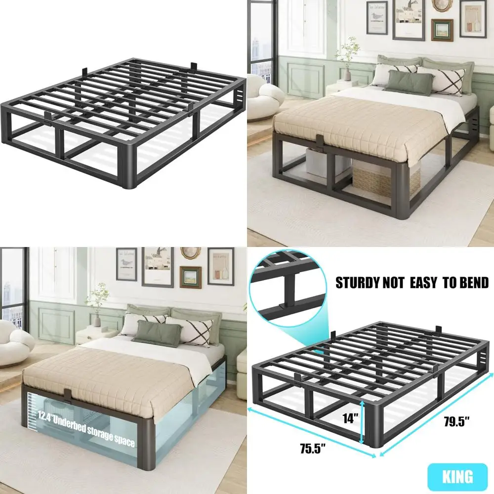 

Sturdy 14 Metal King Bed Frame with Rounded Corners and Headboard Support, Holds Mattress up to 3500 lbs, Box Spring Not Require