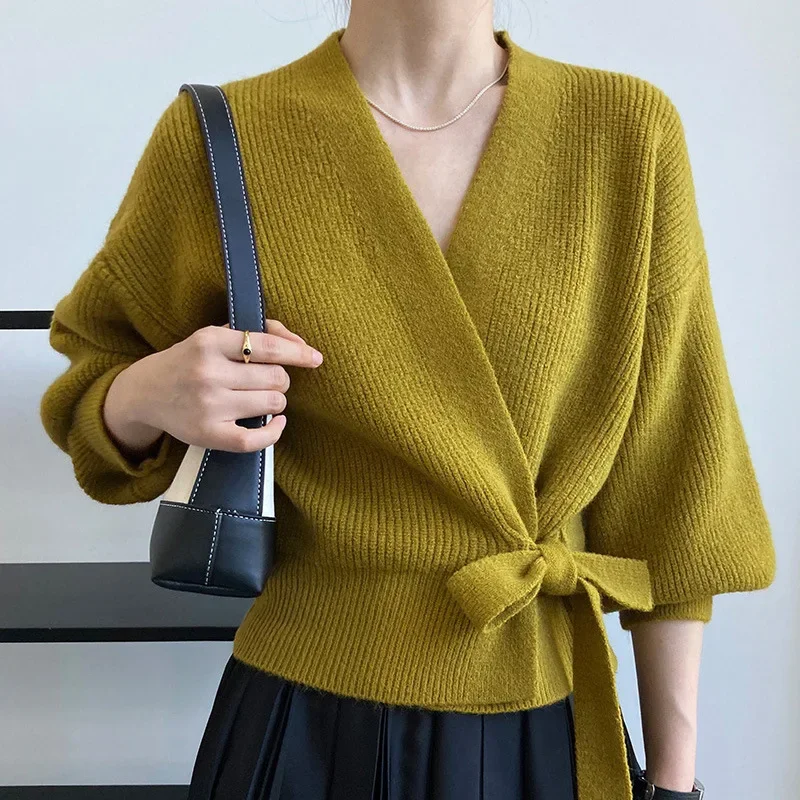 

Knitted Cardigan Women Sweater V-Neck Lace-up Irregular Clothes Fashion Autumn Winter 2023 Casual Korean Chic Designer Cardigan