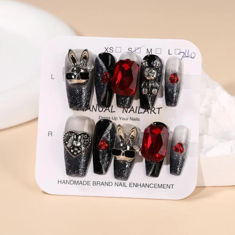 

Nails Set Press On Pure Handmade Wearable Nails Love Butterfly Fashion Fake Nails bear Black Write Blue Pink Accessories