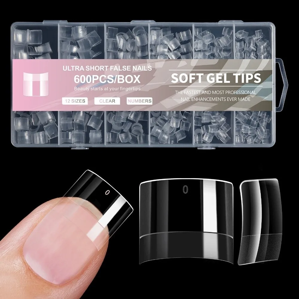 600pcs Ultra-Thin Short Nail Tips No-Trace Short Square Coffin Almond Shape Half Cover False Tips Clear Extension Nail Forms