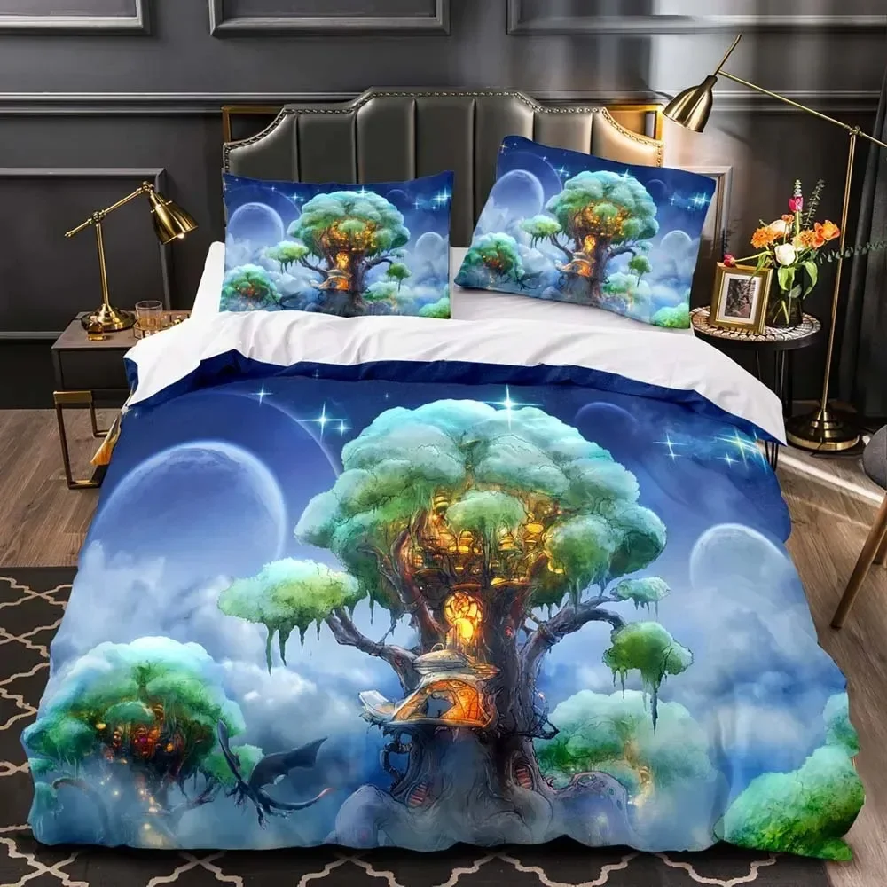 Fairy Theme Bedding Set Fantasy Castle Duvet Cover Set King Queen Size,Magic Kingdom Elves Trees Polyester Quilt Cover for Kids
