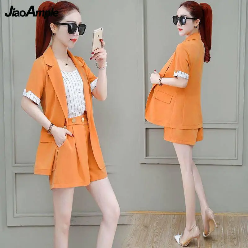 2022 Summer New Suit Jacket Shorts Suspenders Three-piece Women\'s Professional Wear Korean Fashion Blazers Coat Vest Pants Set