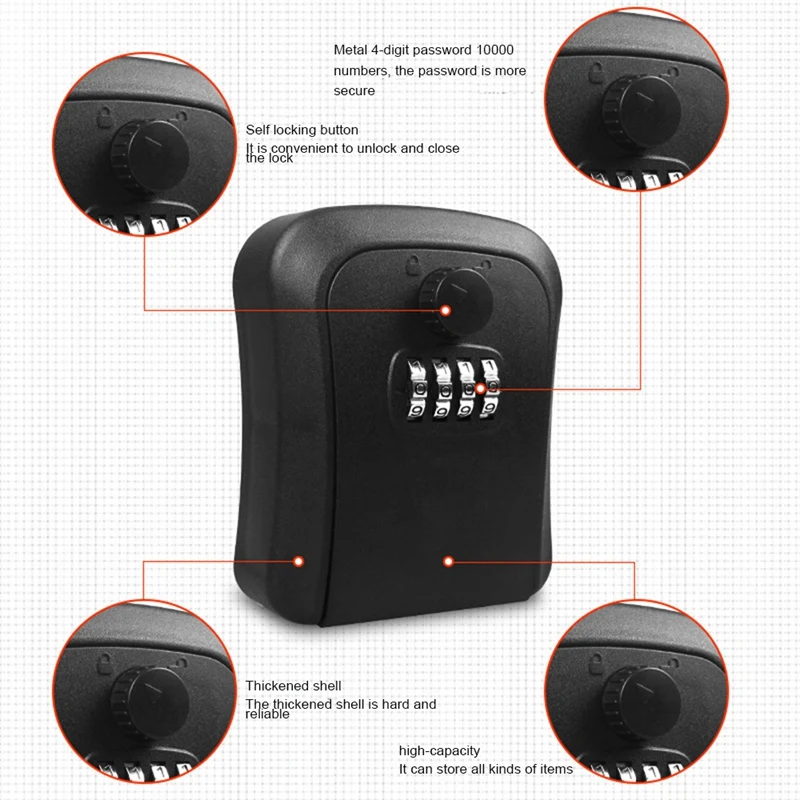 صندوق قفل مفاتيح مقاوم للماء مثبت على الحائط ، سبيكة زنك ، تخزين مفاتيح مركبة من 4 أرقام ، 2 *