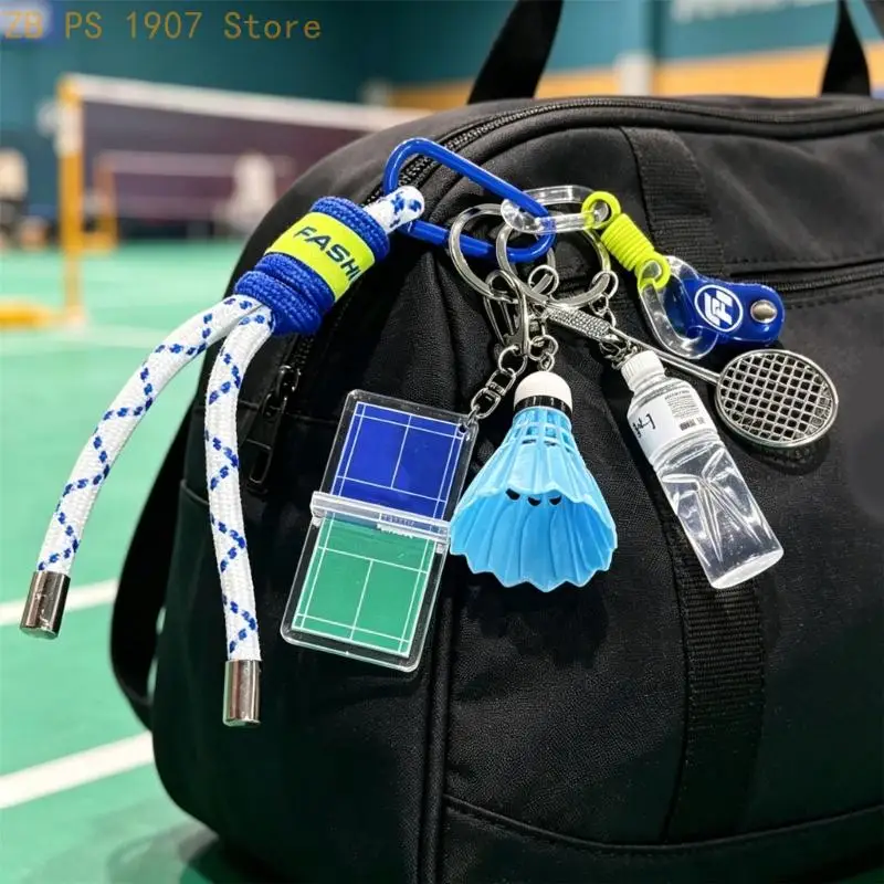 Sports-Themed Badminton Ring with Racket and Shuttlecock Pieces, Multiple Rings, Rope Loop and Clip for Bags 55KA
