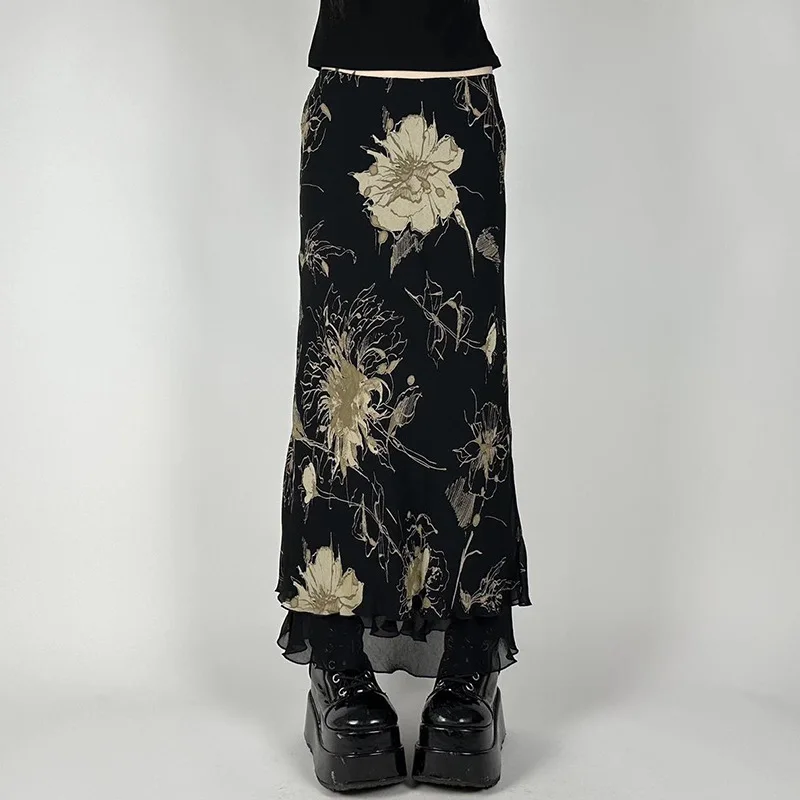 Goth Dark Y2K Aestheics a doppio strato Mesh A-Line Gonna da donna Floom Florals Flour Skirs Slimts Fairy Streetwear Bottoms Gothics