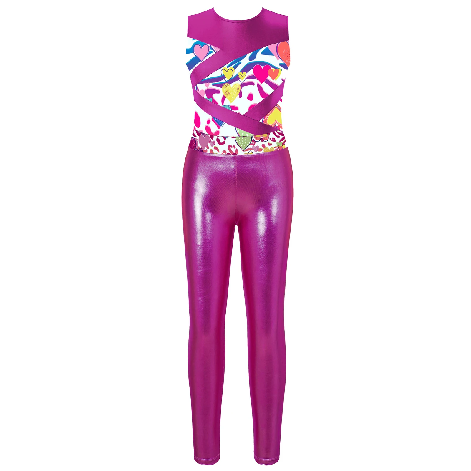 Kids Girls Metallic Sleeveless Gymnastics Leotards with Leggings Dancewear Sets Skating Jumpsuit Children Ballet Dance Outfits