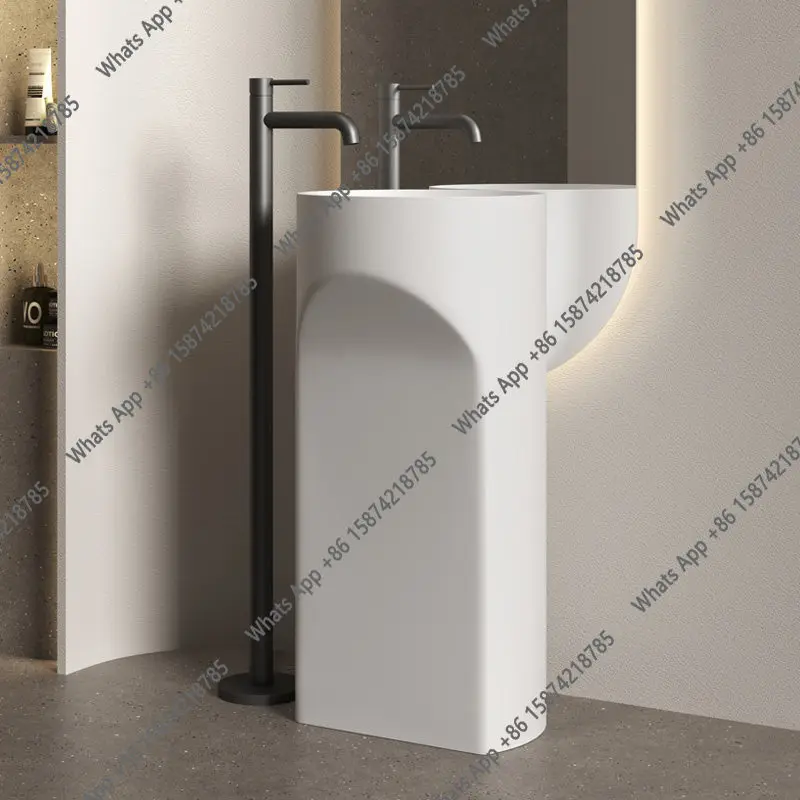 

Integrated floor-to-ceiling artificial stone column basin Outdoor balcony Small apartment matte round wash basin