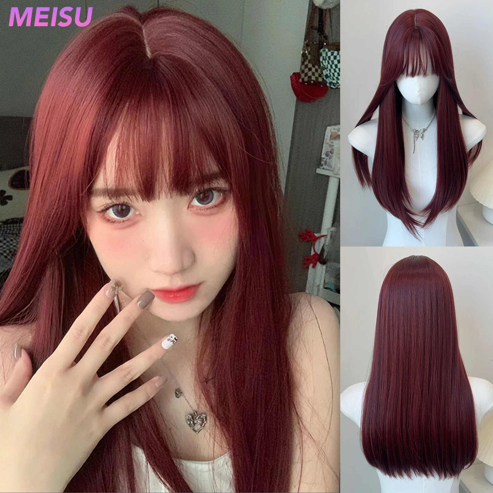 MEISU 26 Inch Long Straight Bangs Wig Synthetic Layered Fiber Heat-resistant Party Halloween Cosplay Natural Softness For Women