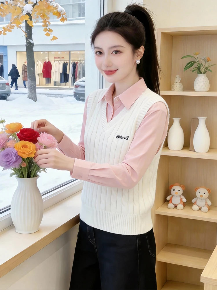 

Trendy Korean Sle Patchwork Long Sve Collar Knitted irt Women's Spring New Sle Casual Loose Fit Breathable