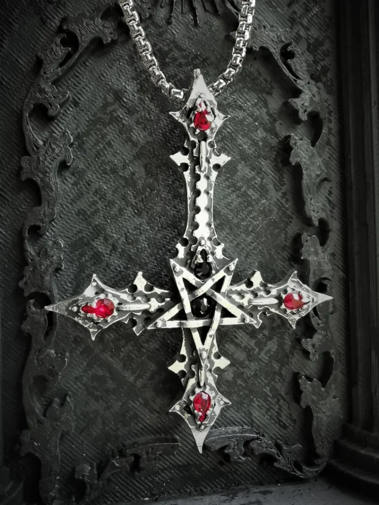 1 Piece Beautiful Openwork Inverted Pentagram Ruby Cross Gothic Zirconia Metal Silver Color Multicolor Pendant Necklace 50+5cm