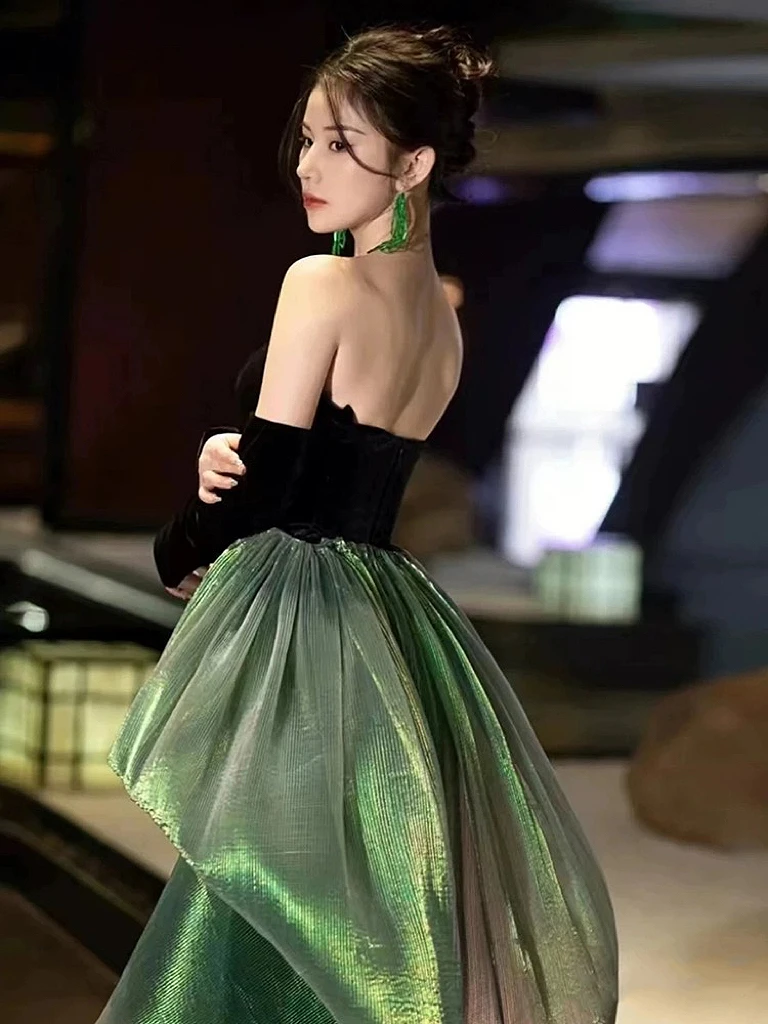 Velvet Mermaid Celebrity Dresses Strapless Detachable Green Train Floor-Length Woman Prom Trumpet Sexy Evening Host Gowns 2024