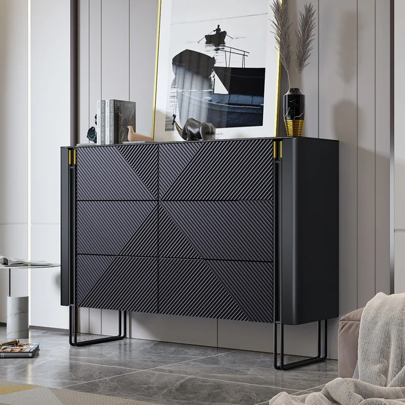

light luxury six-chest cabinet, black living room designer rock slab storage cabinet, bedroom six pumping storage cabinet