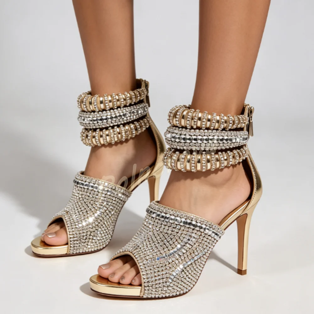 Gold Rhinestone Glitter Sandals Women High Heel Round Toe Multi Layer Ankle Cuff Stiletto Shoes Back Zipper Party Dress Sandals