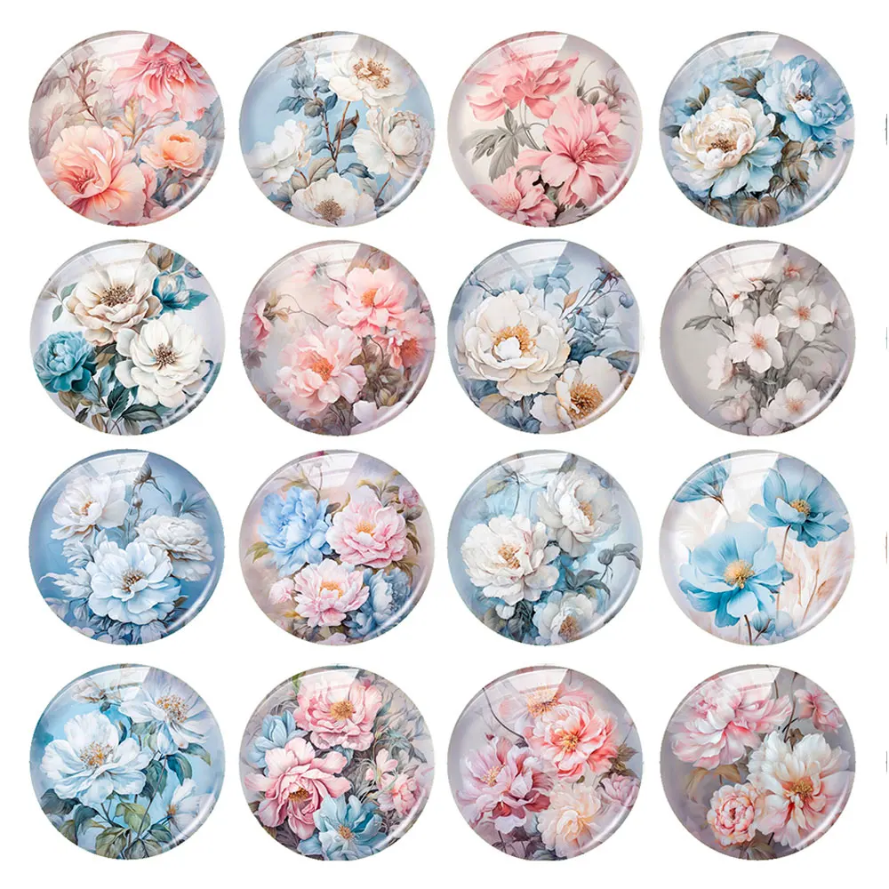 

Handmade Pink Blue White Flower Rose Peony Round Photo Glass Cabochon Flatback Demo Flat Back Cameo For Diy Jewelry Making