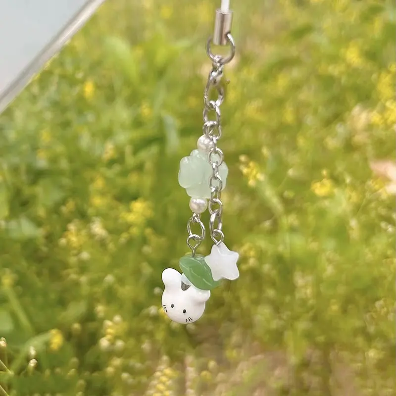 Handmade four leaf clover beaded phone charm y2k cute cat keychain