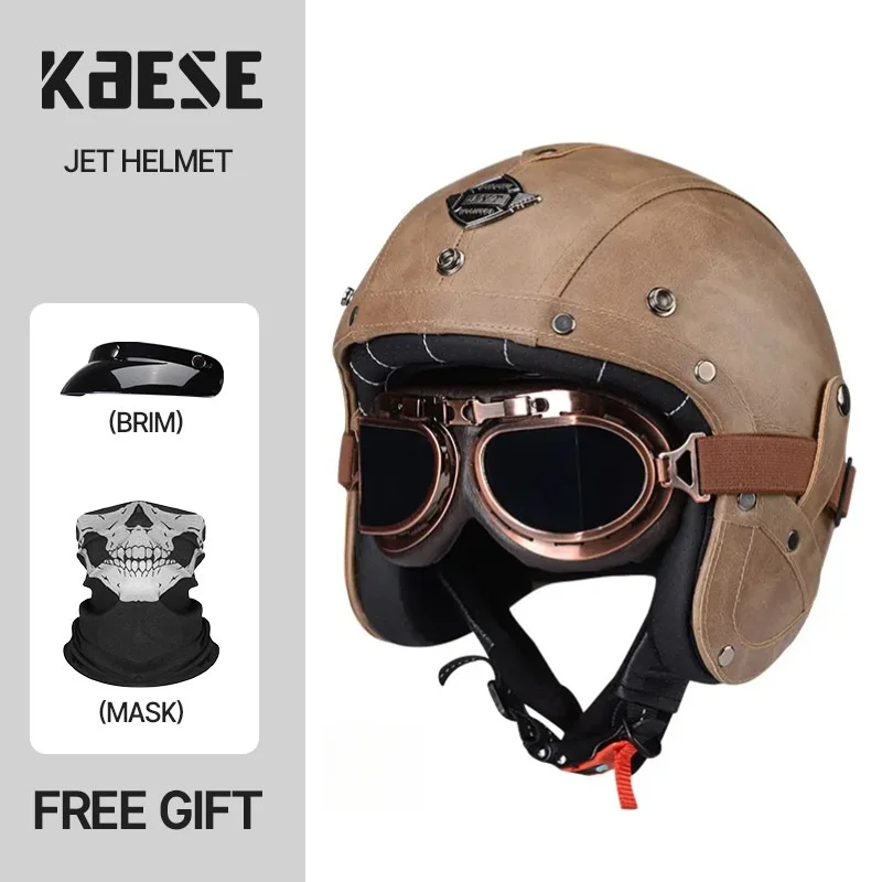 Weathered Black 3/4 Open Face Motorcycle Helmet ABS Shell Distressed PU Leather Cover Burnished Copper Bubble Goggle Cafe Racer