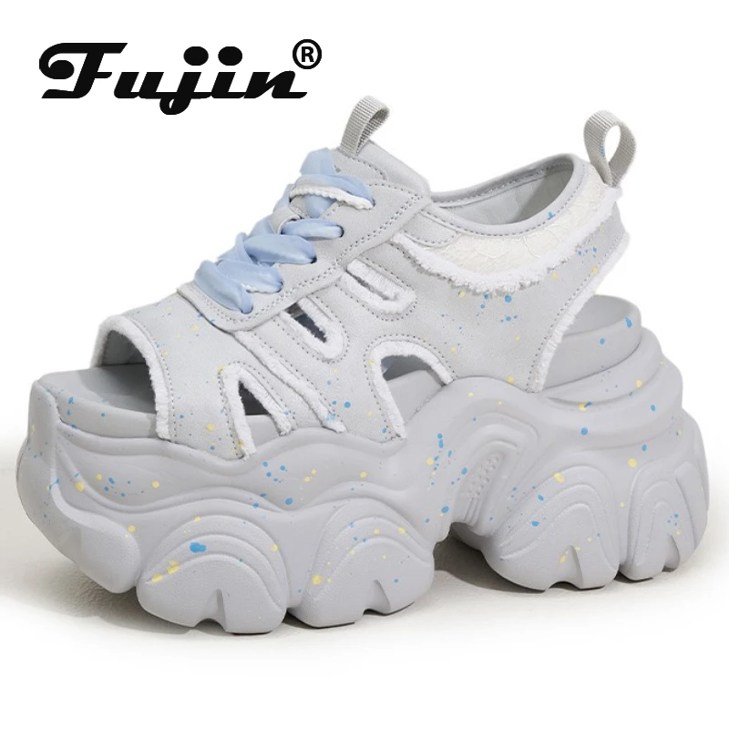 

Fujin 10 см синтетическая микрофибра кожа полые женские сандалии на танкетке на платформе массивные кроссовки на плоской подошве с открытым носком обувь высокого бренда