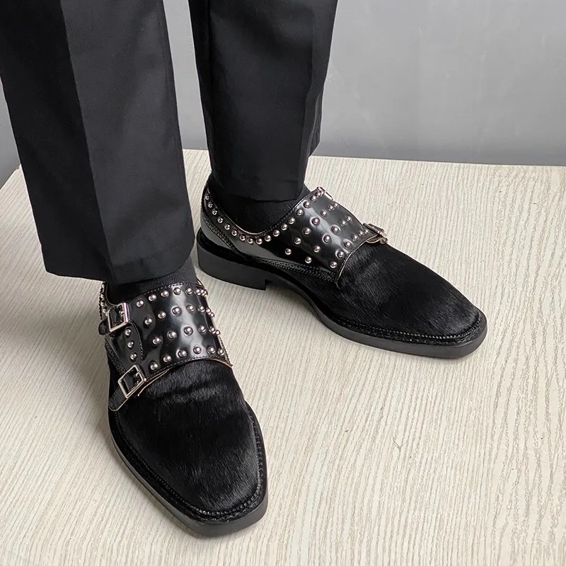JINIWU 2026 AW Men's Black Studded Monk Shoes, Horsehair & Cowhide Formal Buckle Strap Dress Shoes