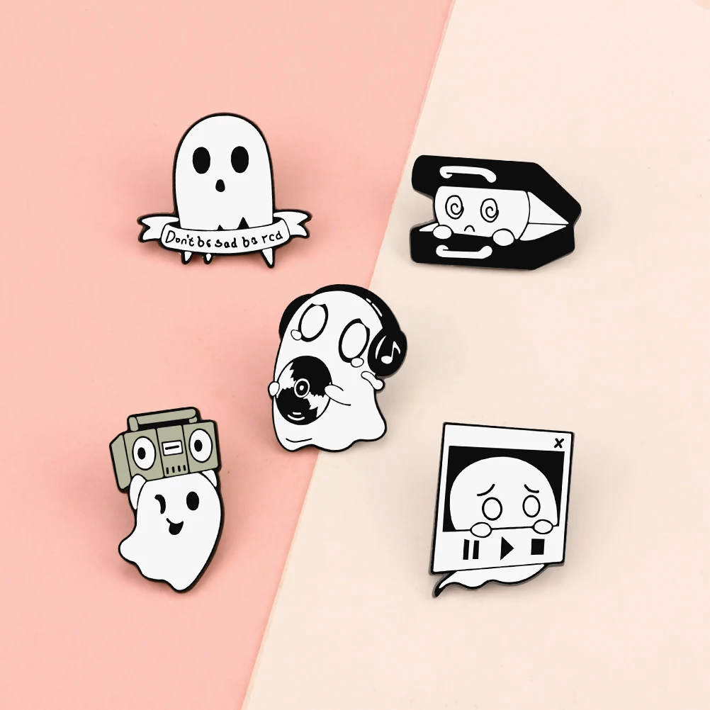 Cartoon Ghost Brooches White Black Badge Denim Enamel Lapel Pins Kawaii Funny Jewelry Decoration Gifts Listening To Music Player