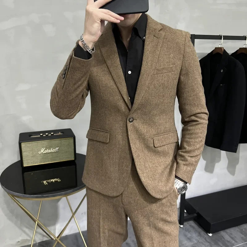 2023 Blazer (Blazer+ Pants) Fashion Gentleman Business Italian Style Solid Color Wool Thick Tweed Thickened Slim Men's 2 Piece