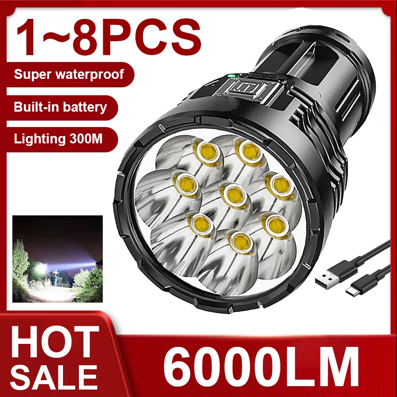 6000LM 8LED High Power Led Flashlights Strong Light Flashlight With COB Light USB Rechargeable Camping Torch Portable LED Lamp