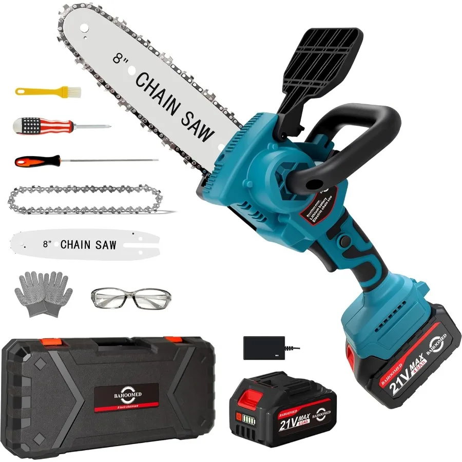 

Cordless Electric Chainsaw with 8 Inch Blade and Included Battery Charger for Efficient Tree Pruning and Branch Cutting Compact