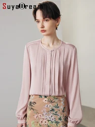 SuyaDreamm, Woman Solid Shirts, 90%Silk 10%Spandex, Round Collar Chic Blouses, 2024 Spring Summer Office Lady Top, Pink