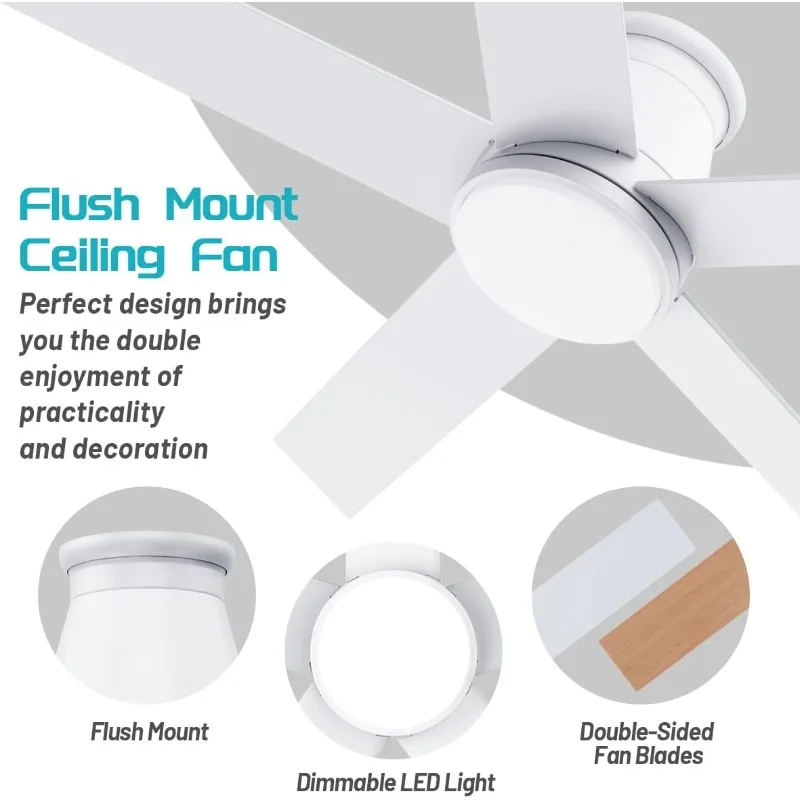 Ventilador de teto com Luz, Branco Flush Mount, reversível Motor, sincronismo, Regulável, 6 Velocidades, DC, 52"