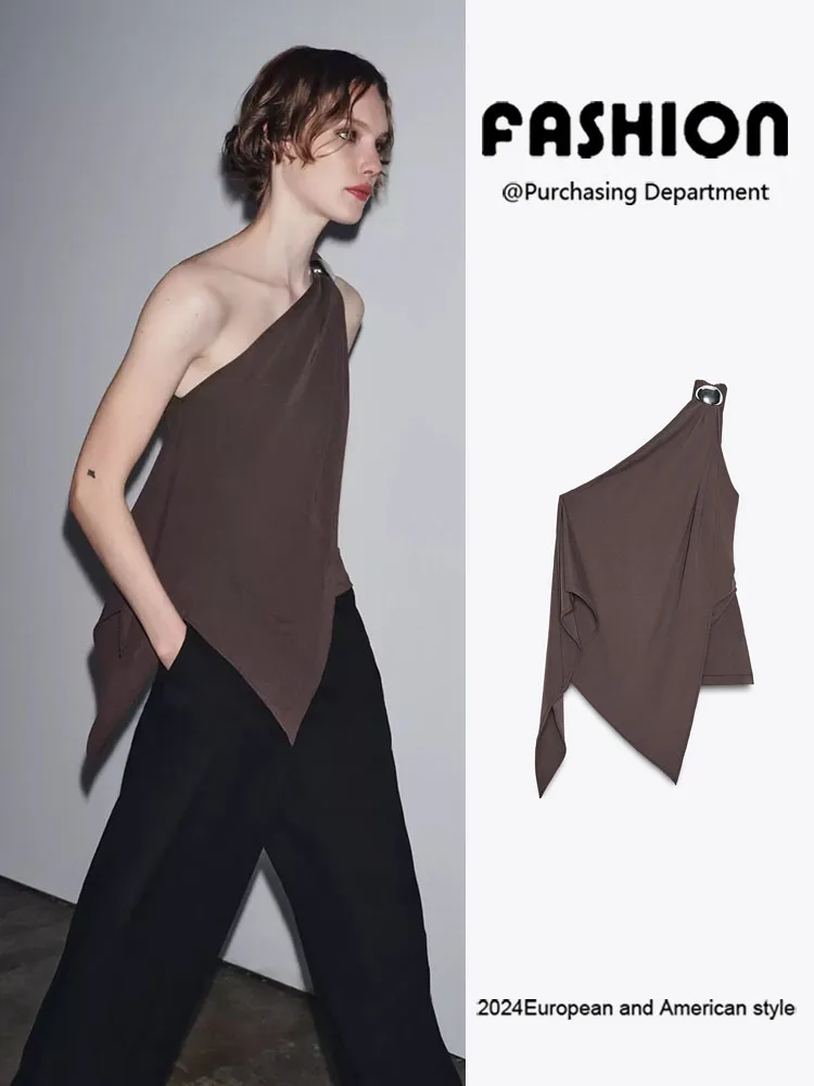 

New Autumn Women's T-irt Svel Asymmetric Design Versatile Strapl Top Ethnic Stage Costume Ladies Faion