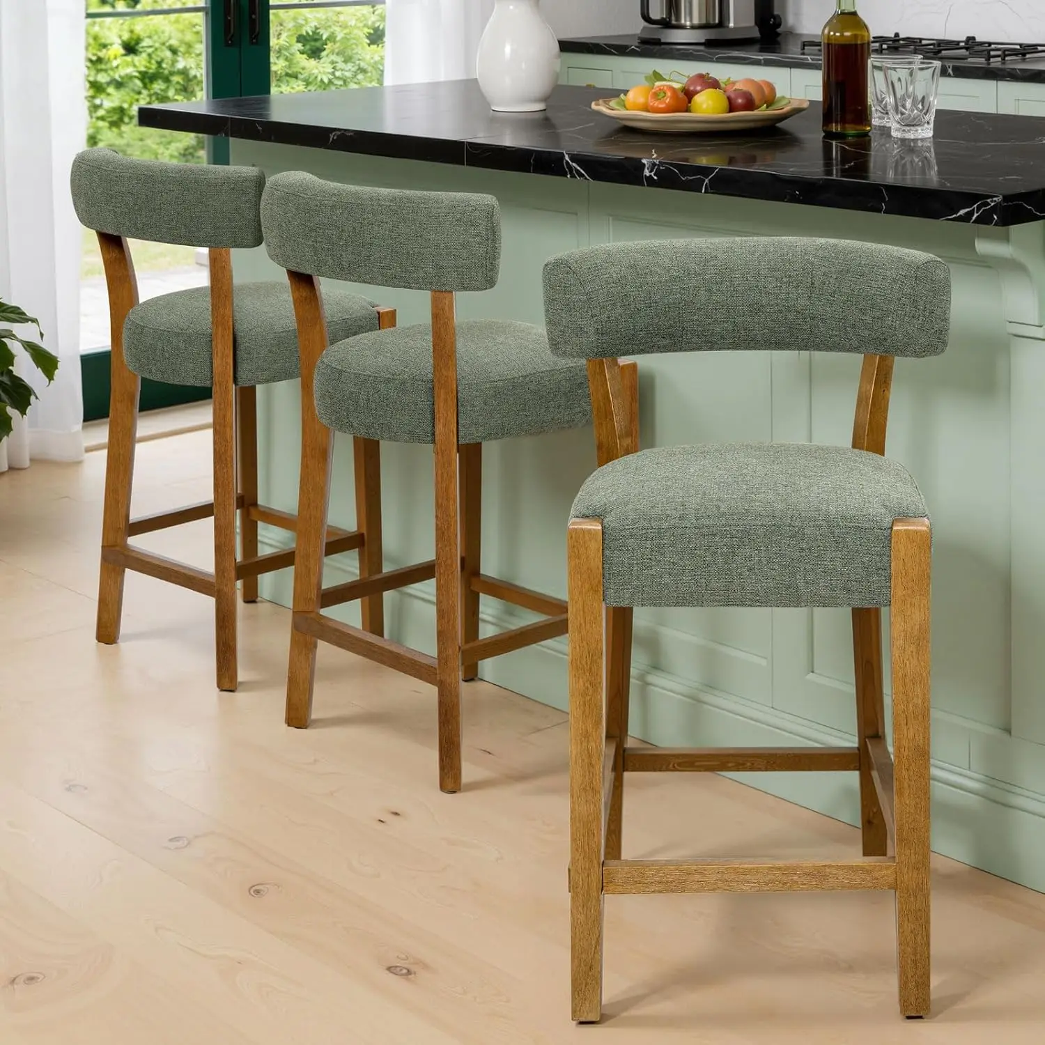 

26in Counter Height Stools Set Upholstered Linen Fabric Solid Wood Legs Mid-Century Modern with Backs Kitchen Island Customized