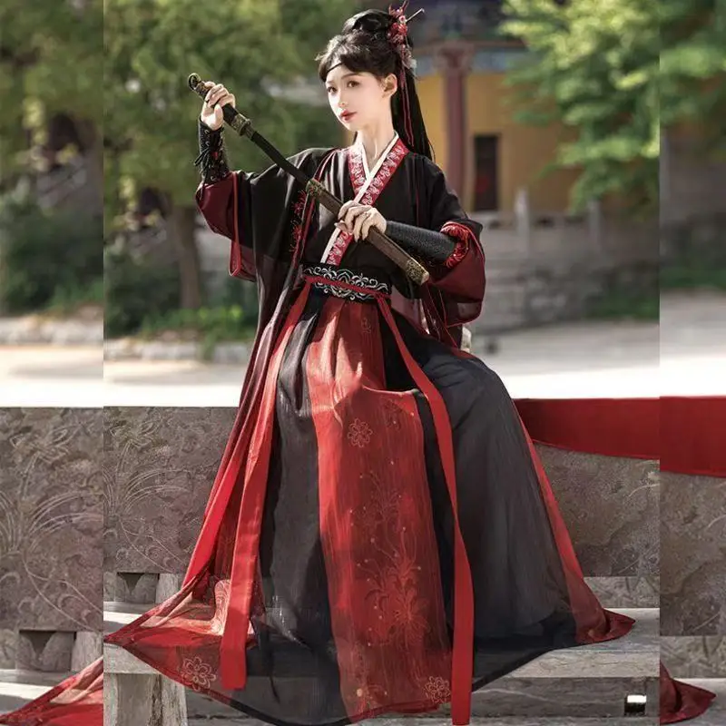 Traditional Chinese Hanfu Dress Men Women Black Red Embroidery Cross Collar Costume National Swordsman Cosplay Clothes Halloween