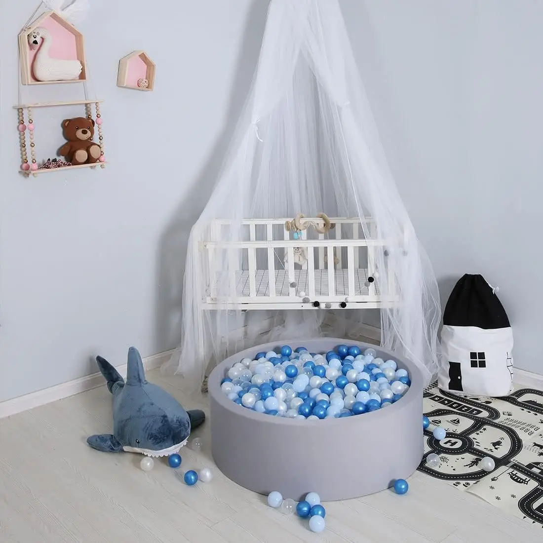 Bolas de bolas para niños pequeños, accesorios de bolas de plástico a prueba de aplastar, azul + azul profundo + blanco pera + 100 bolas transparentes