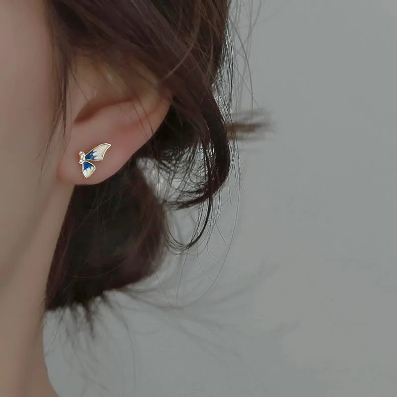 CCFJOYAS 925 Sterling Silver Enamel Gradient Blue Butterfly Earrings/Necklace Set Birthday Valentine's Day Gift Jewelry Set