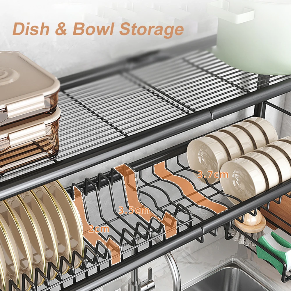 2 Tier Over Sink Dish Drying Rack, Large Metal Kitchen Dish Drainer with Utensil Holder, Space Saving Organiser for Kitchen