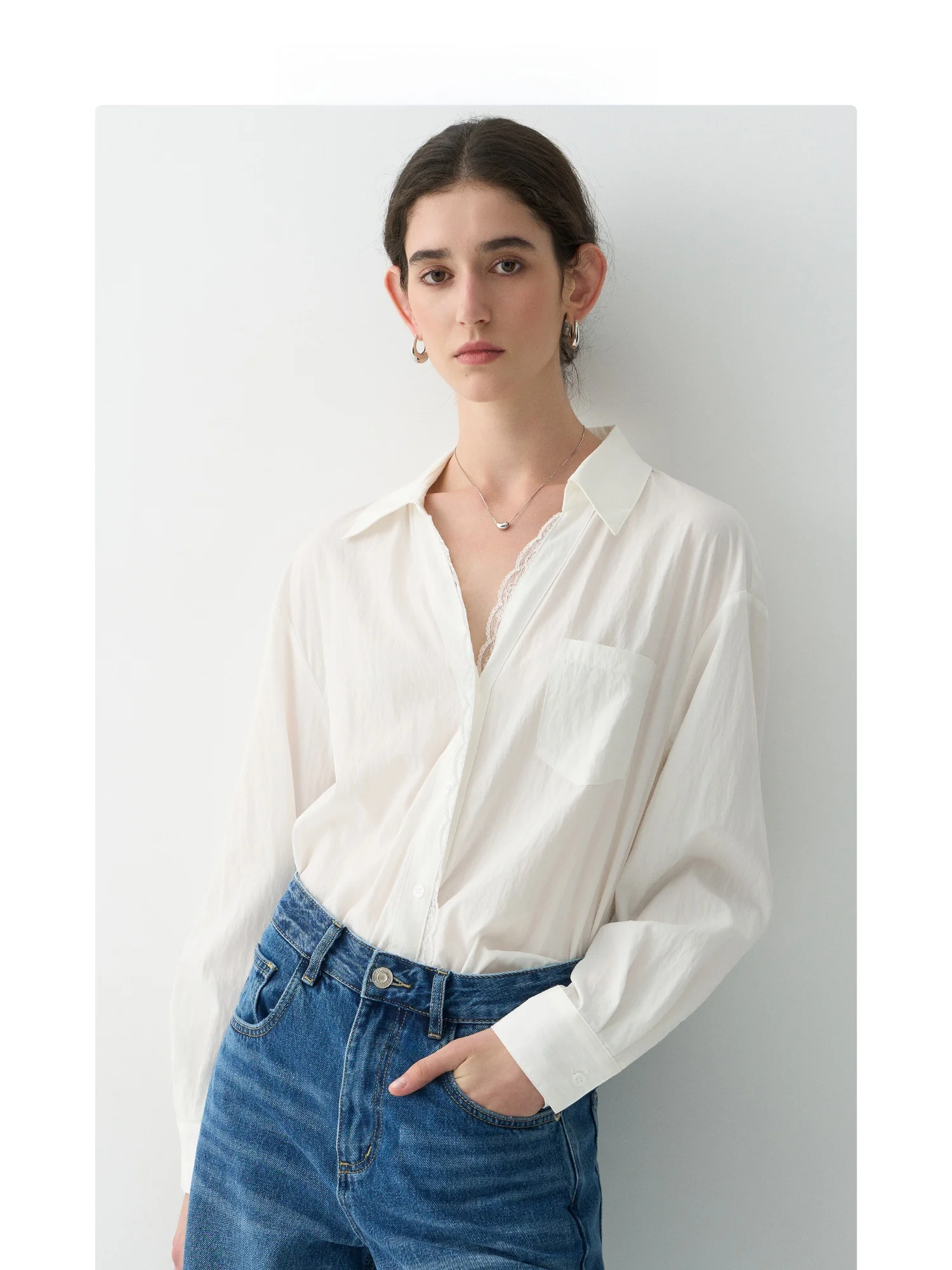 

Ruiqia Jie Commute Elegance V-ne Design Lace Long Sve Women's irt Dra White irt Summer French Sle Straight Cut