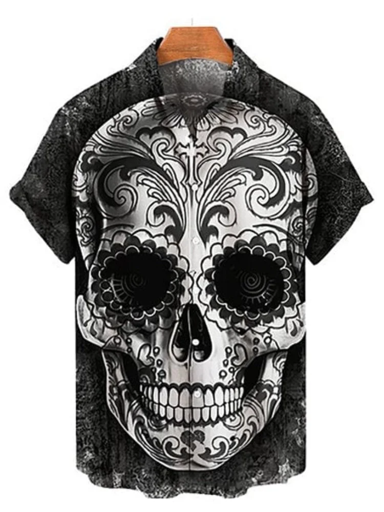 New Hawaiian Shirt For Men Skull 3d Printed Beach Shirt Short Sleeve Button Casual Men's Skull Shirts Oversized Camisa S-5XL