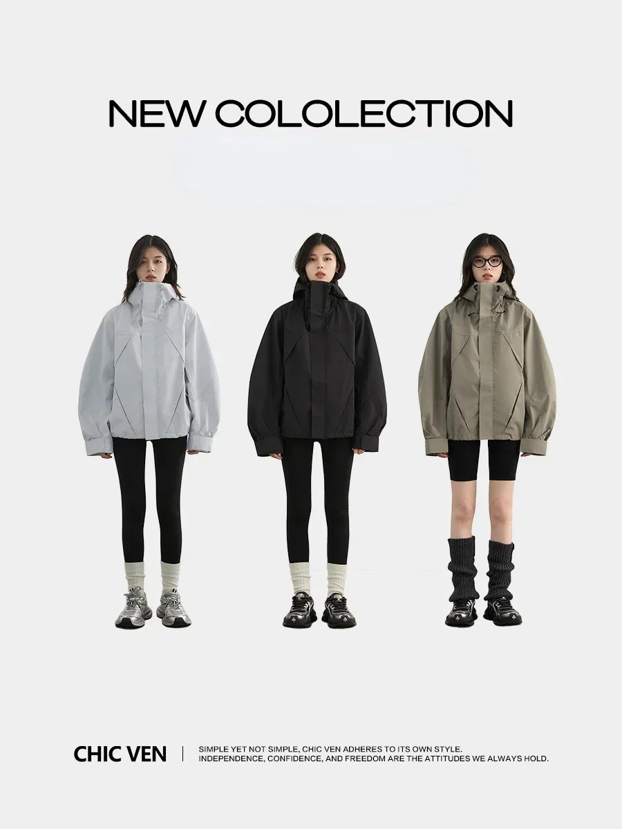 CHIC VEN femmes veste ample décontracté solide Sports de plein air à capuche manteau court coupe-vent femme pardessus automne hiver 2024