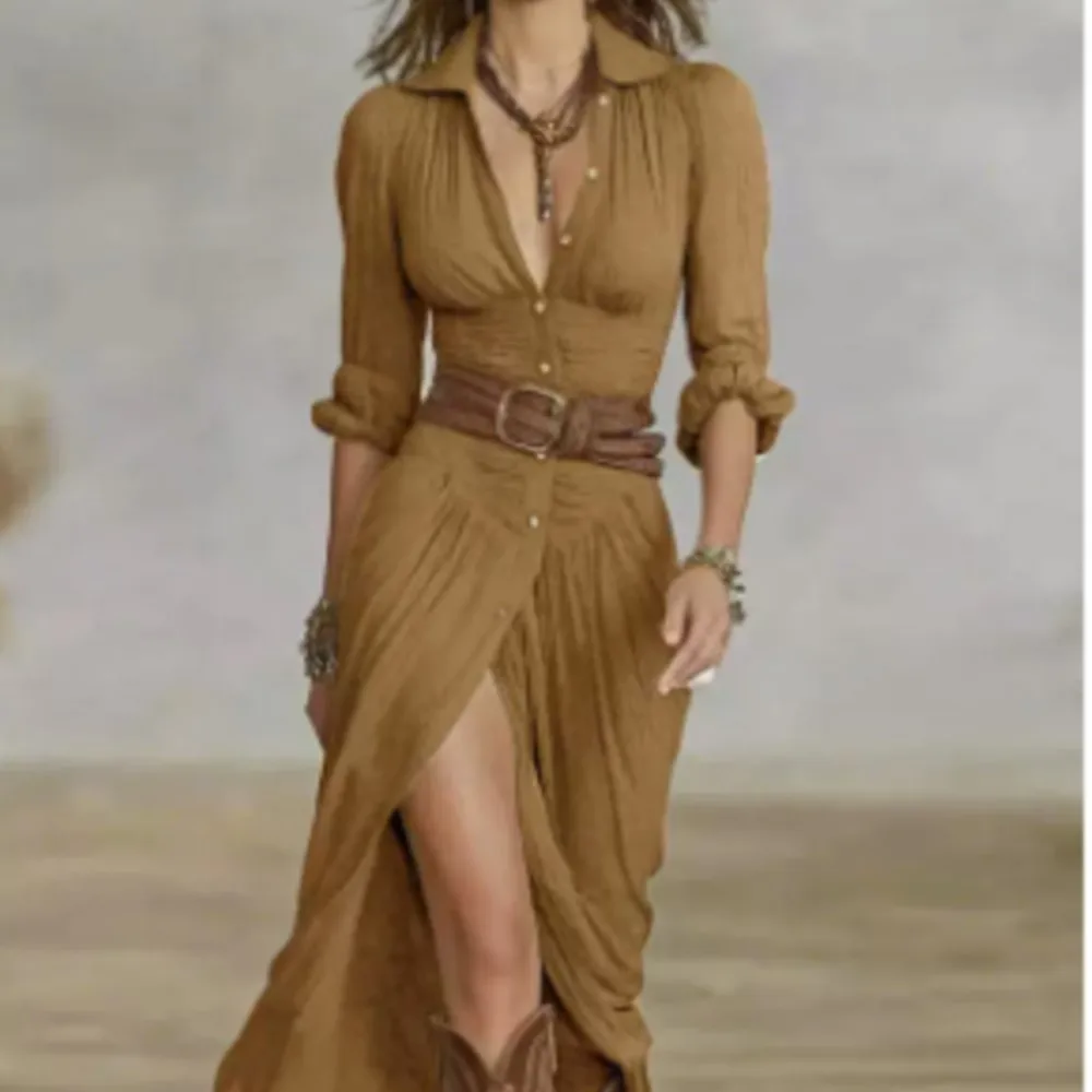2024 Autumn New Women\'s Clothing Solid Color Fashionable Temperament Long Sleeved Sleeve Lace Up Casual Mid Length Lapel Dress