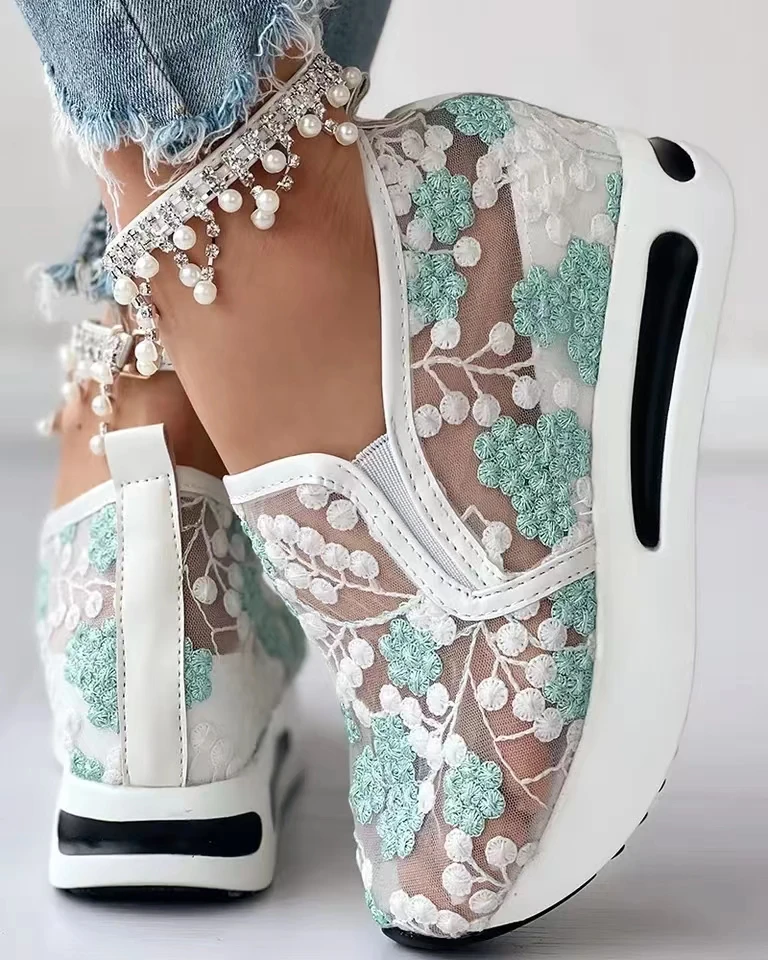 Baskets en Maille Brodée Florale pour Femme, Chaussures à Talons Confortables et Décontractées