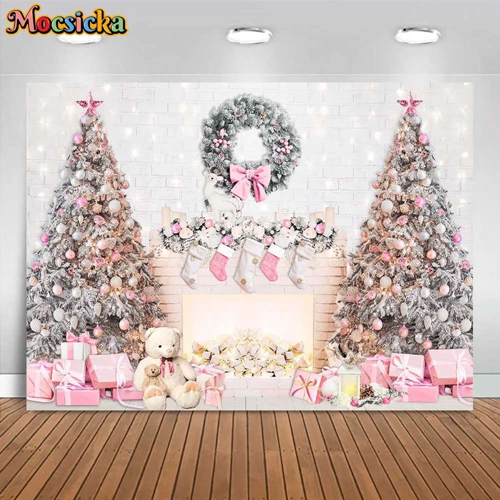 

Mocsicka Christmas Backdrops for Photography White Brick Wall Fireplace Xmas Tree Garland Family Portrait Photo Background Props