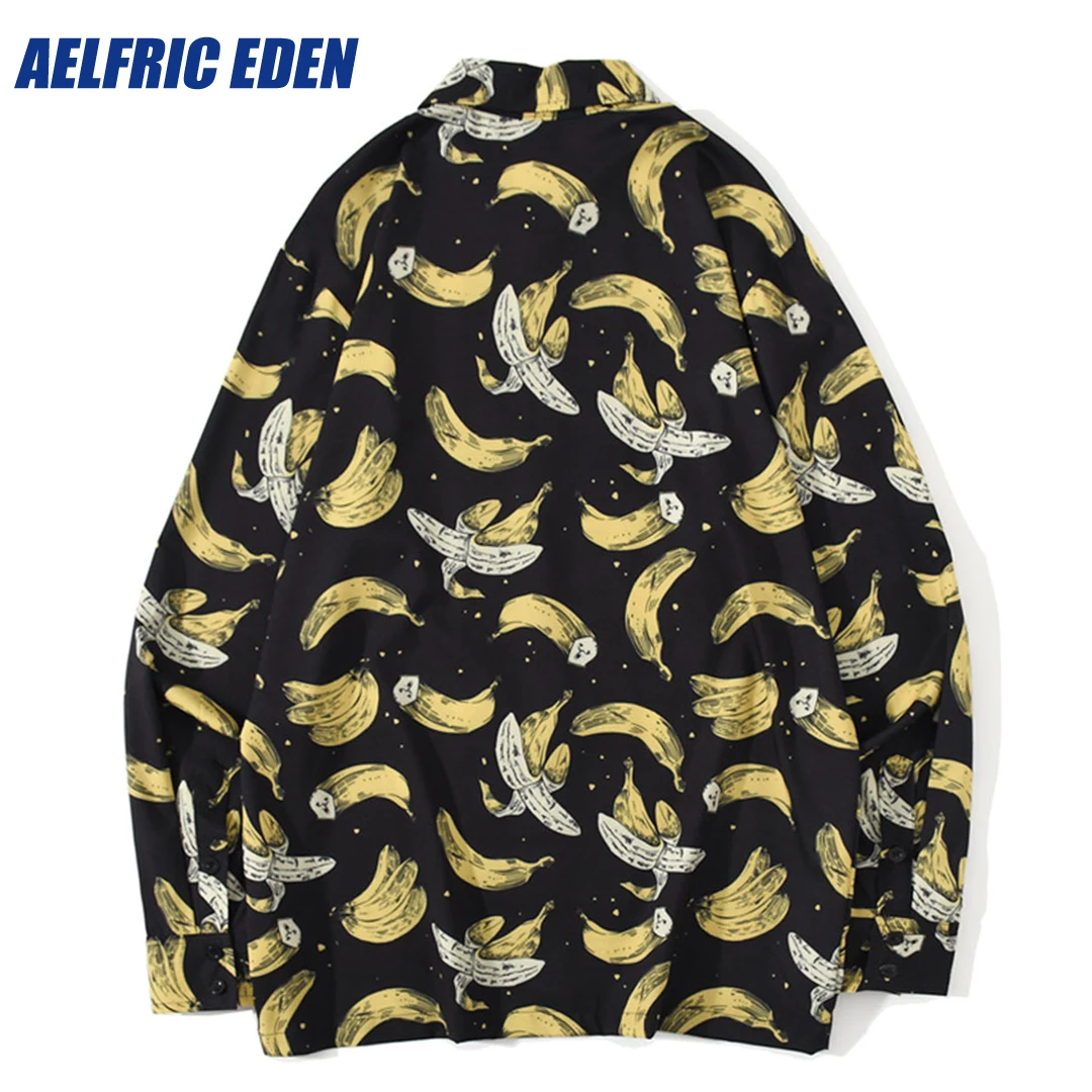 Aelfric Eden blus lengan panjang motif pisang, atasan blus pantai pesta liburan kasual Harajuku pasangan Hip Hop jalanan