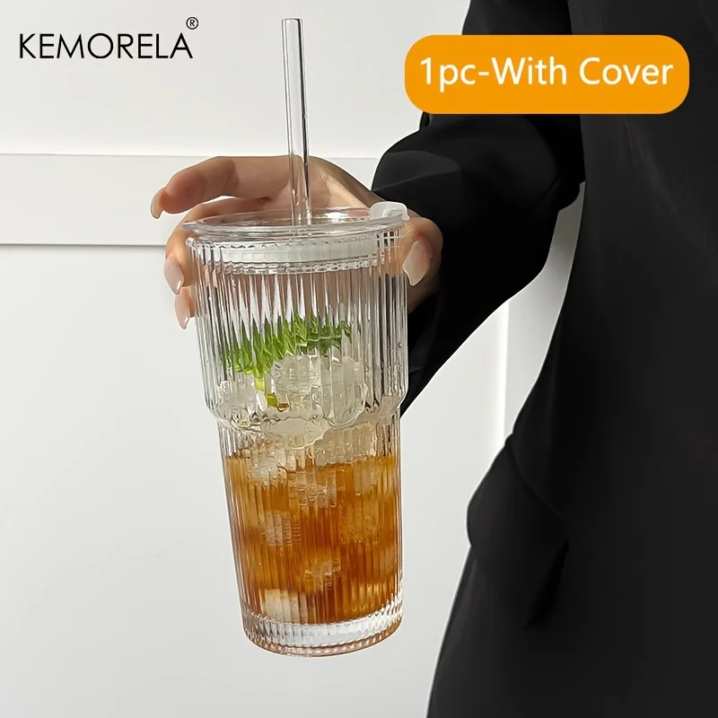 KEMORELA 600 ml Streifen-Glas-Kaffeetasse mit Deckel und ohne Deckel, Strohhalm, transparente Trinkgläser für Saft, Eiskaffeetassen, Trinkgeschirr 3