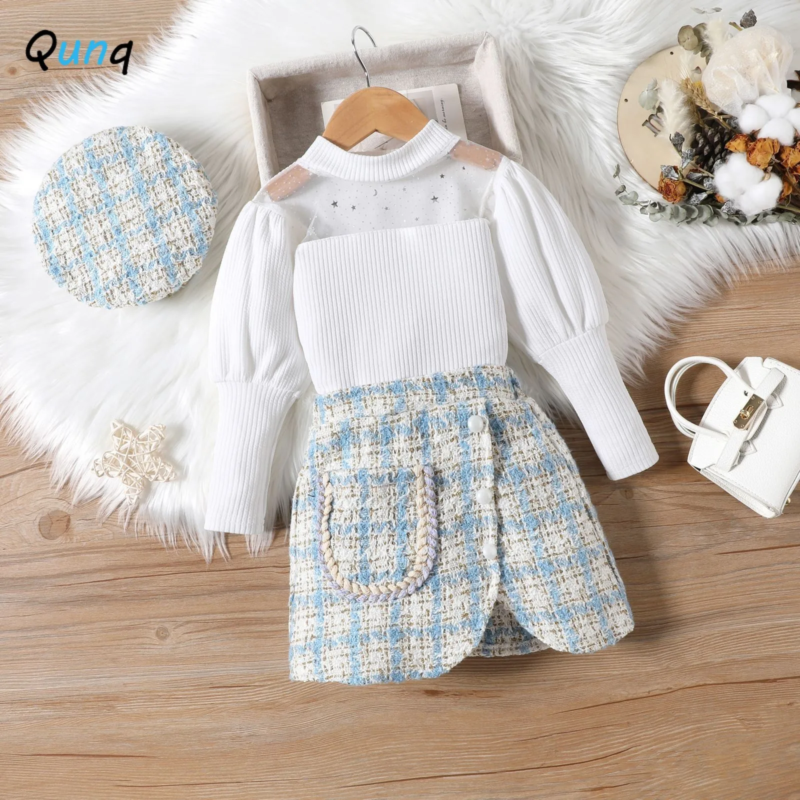 Qunq 2023 Autumn Girls Mesh Splice Puffed Sleeves Top + Irregular Plaid Skirt And Cap 3 Pieces Set Casual Kids Clothes Age 3T-8T