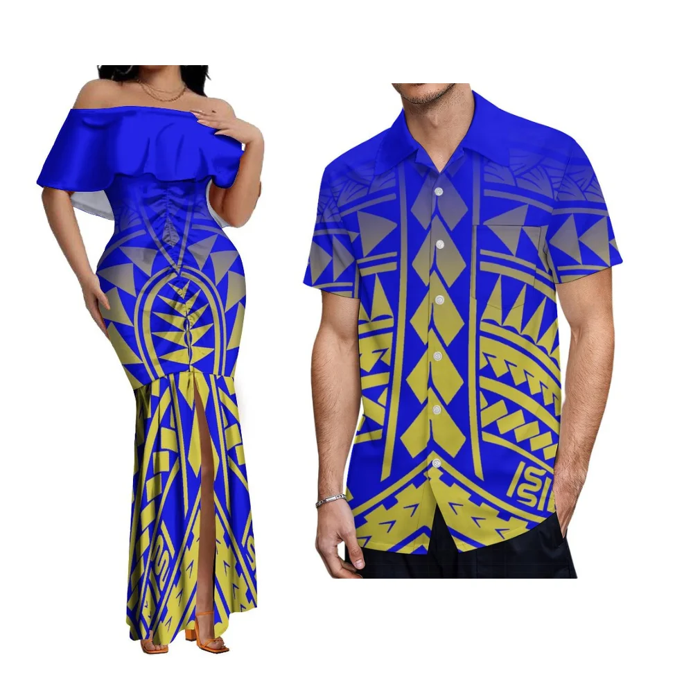 Damska sukienka na jedno ramię typu rybka, polinezyjski zestaw dla par na zamówienie i męska koszula, popularna samojska sukienka wieczorowa na festiwal.