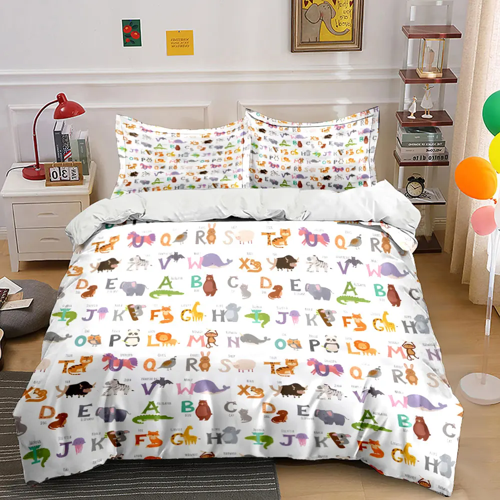 Fun animal and alphabet pattern Print Bedding set 3PC 1 duvet cover 2 pillowcases adult and children bedding set Luxury